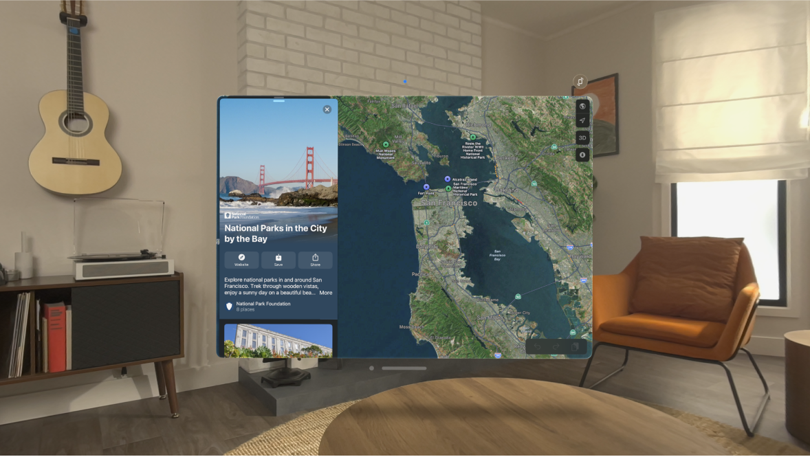 The Maps app on Apple Vision Pro, showing a Guide for parks on the left side of the window.