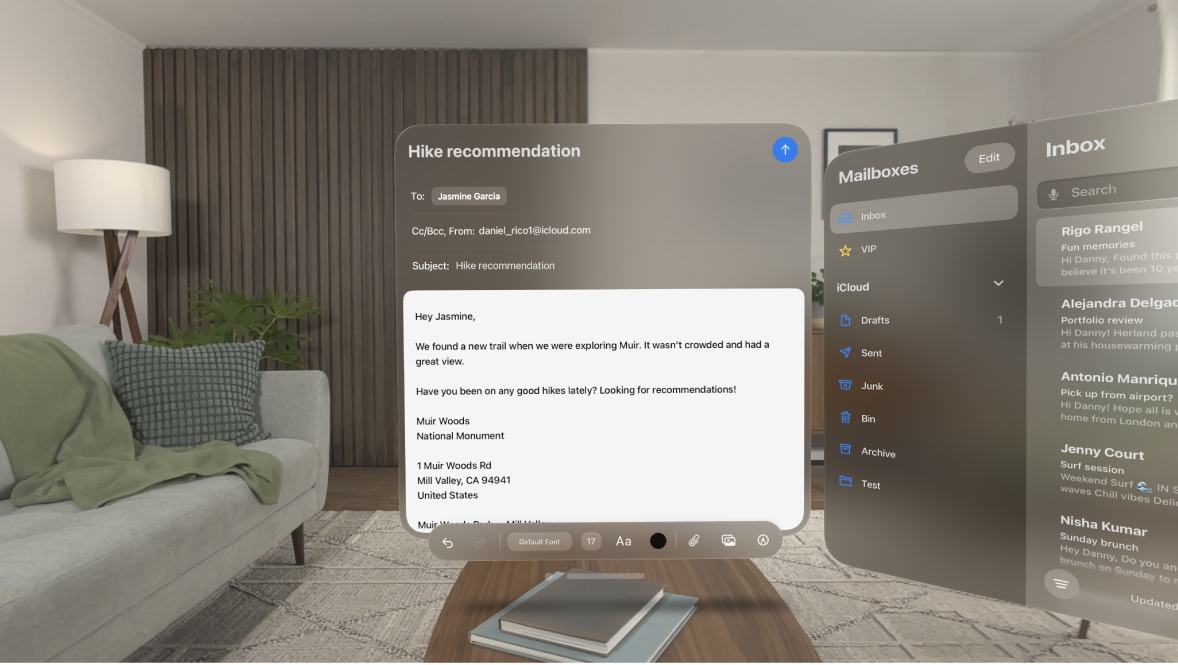 The Mail app on Apple Vision Pro, showing an email draft with the inbox off to the side.