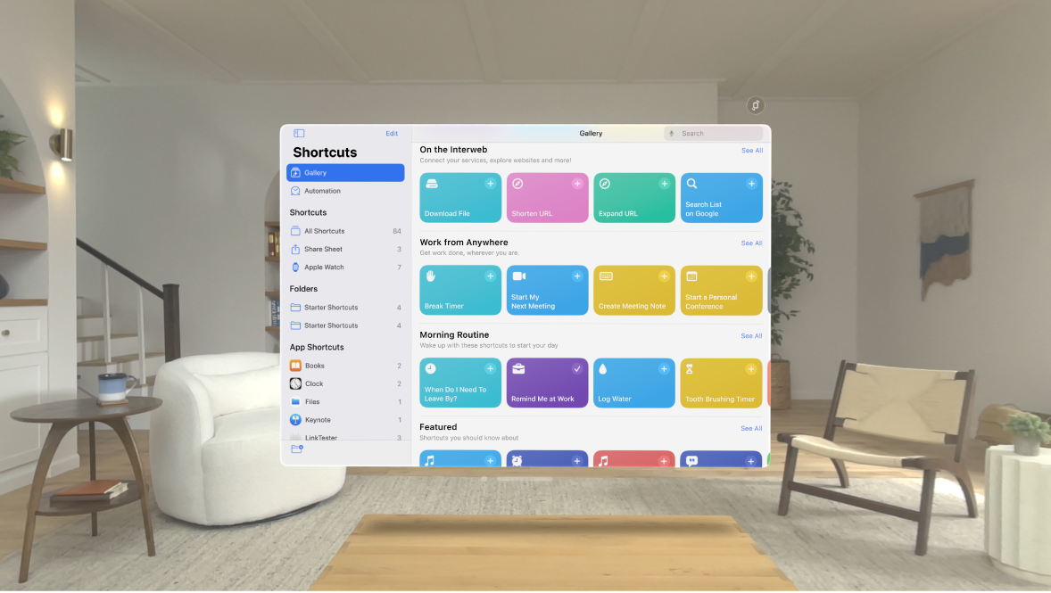 The Shortcuts app on Apple Vision Pro, showing the gallery of pre-made shortcuts.