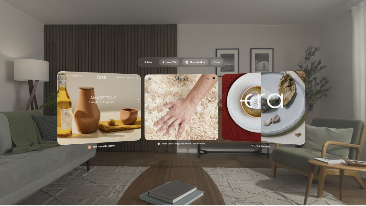 The Safari app on Apple Vision Pro, showing tabs wrapping around the user’s view.