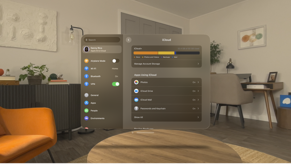 iCloud settings on Apple Vision Pro, showing the user’s iCloud storage.