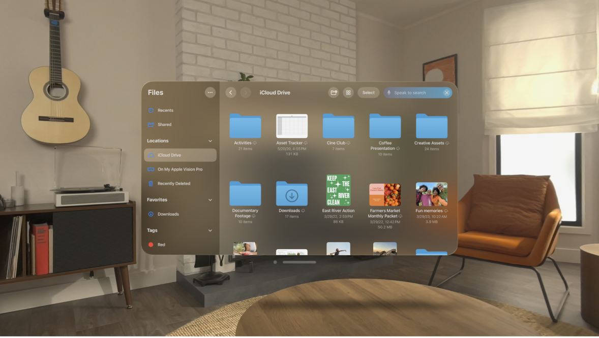The Files app on Apple Vision Pro, showing an active Speak to Search field.