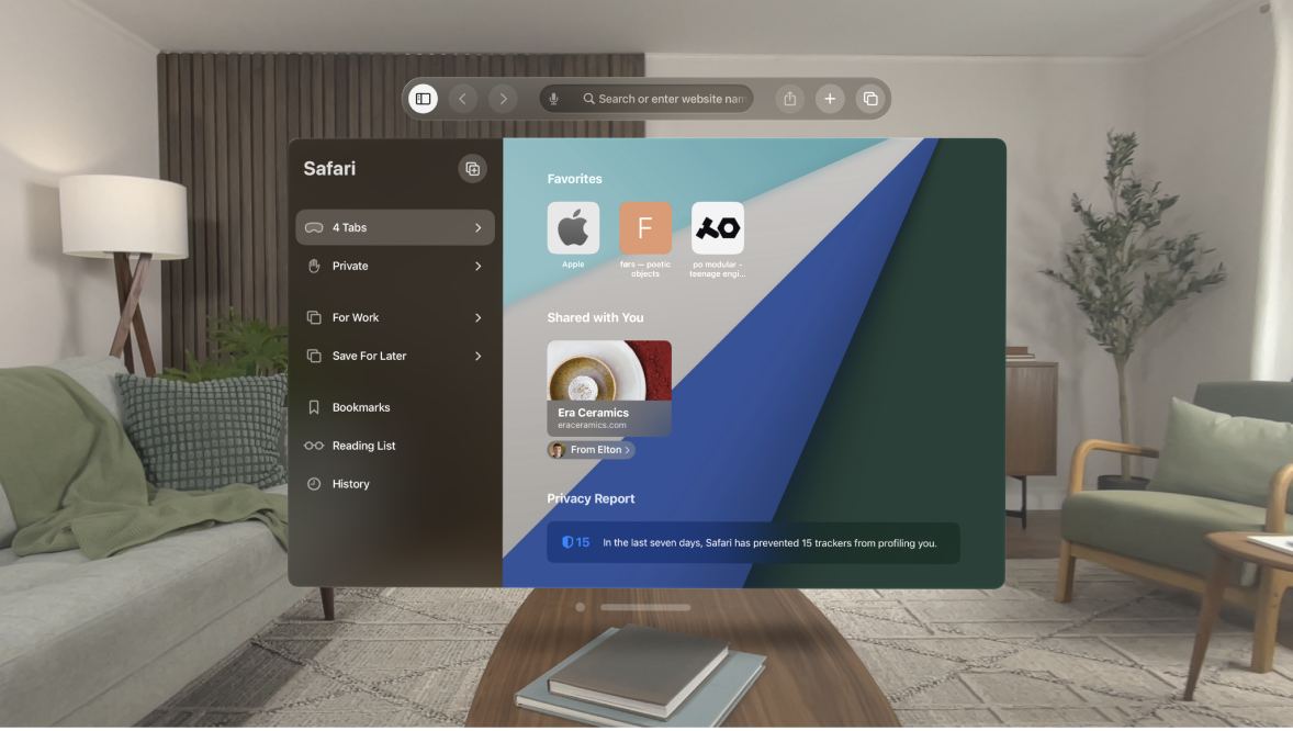 The Safari app on Apple Vision Pro, showing several favorite websites and Shared With You on the start page.