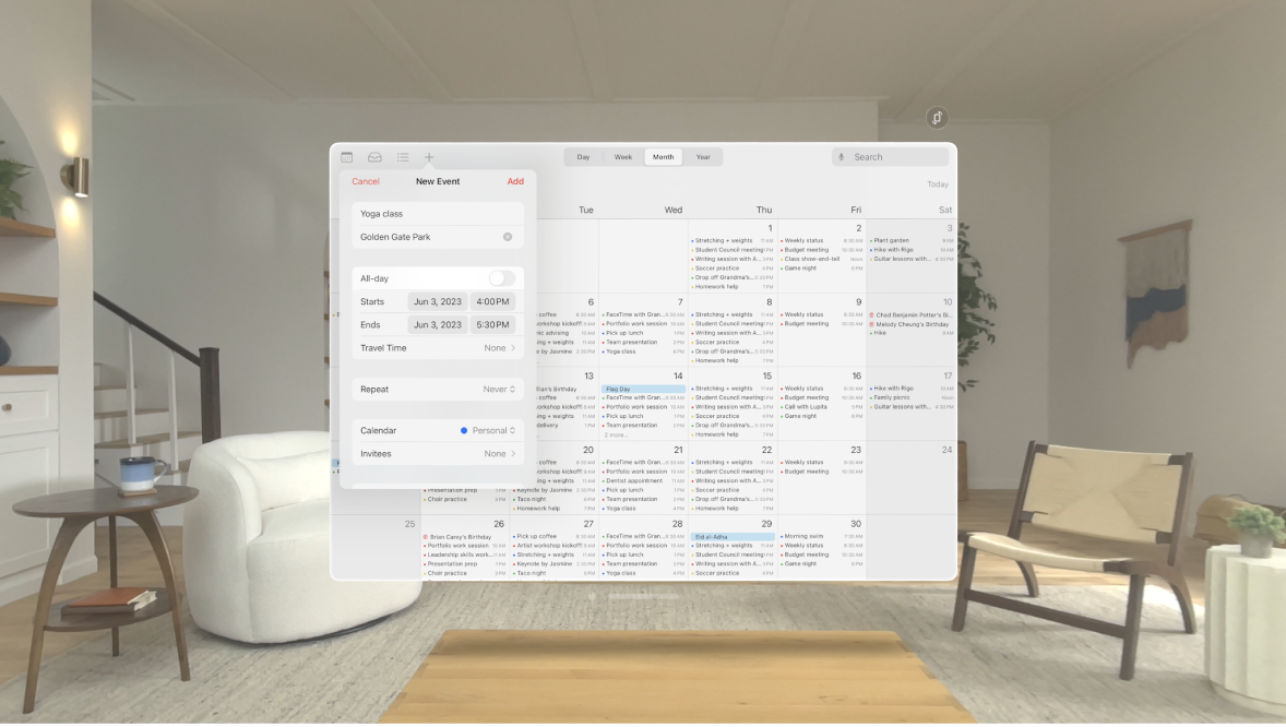 The Calendar app on Apple Vision Pro, showing a new event being created.