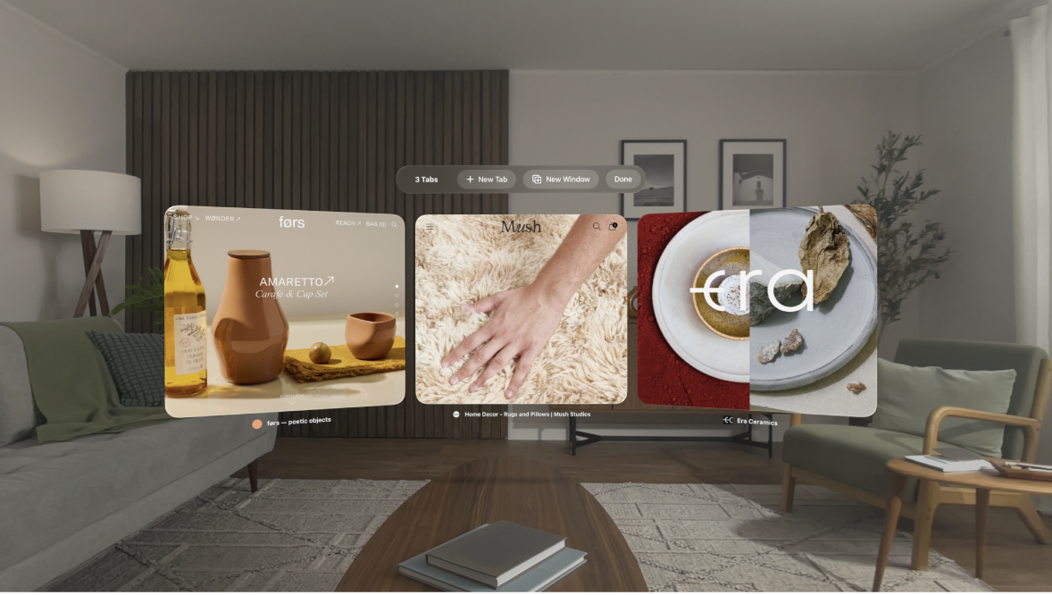 The Safari app on Apple Vision Pro, showing tabs wrapping around the user’s view.