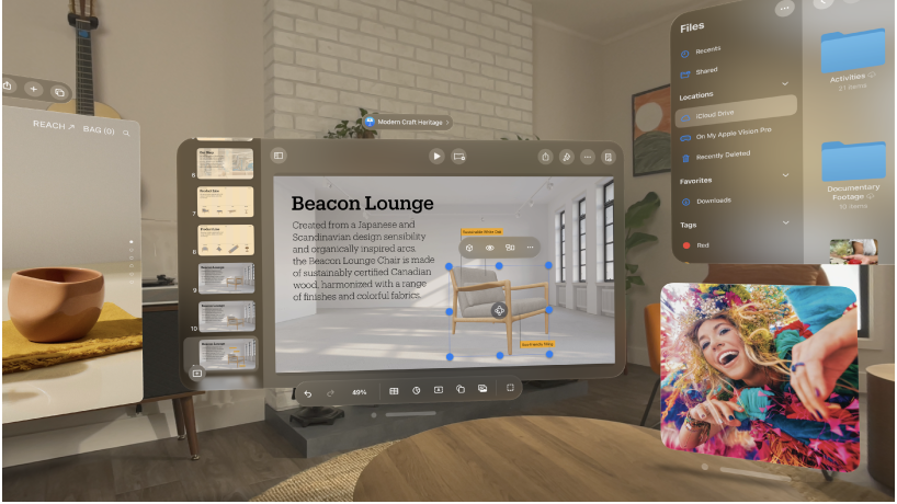 Multiple apps open on Apple Vision Pro, arranged in front of and around the user.
