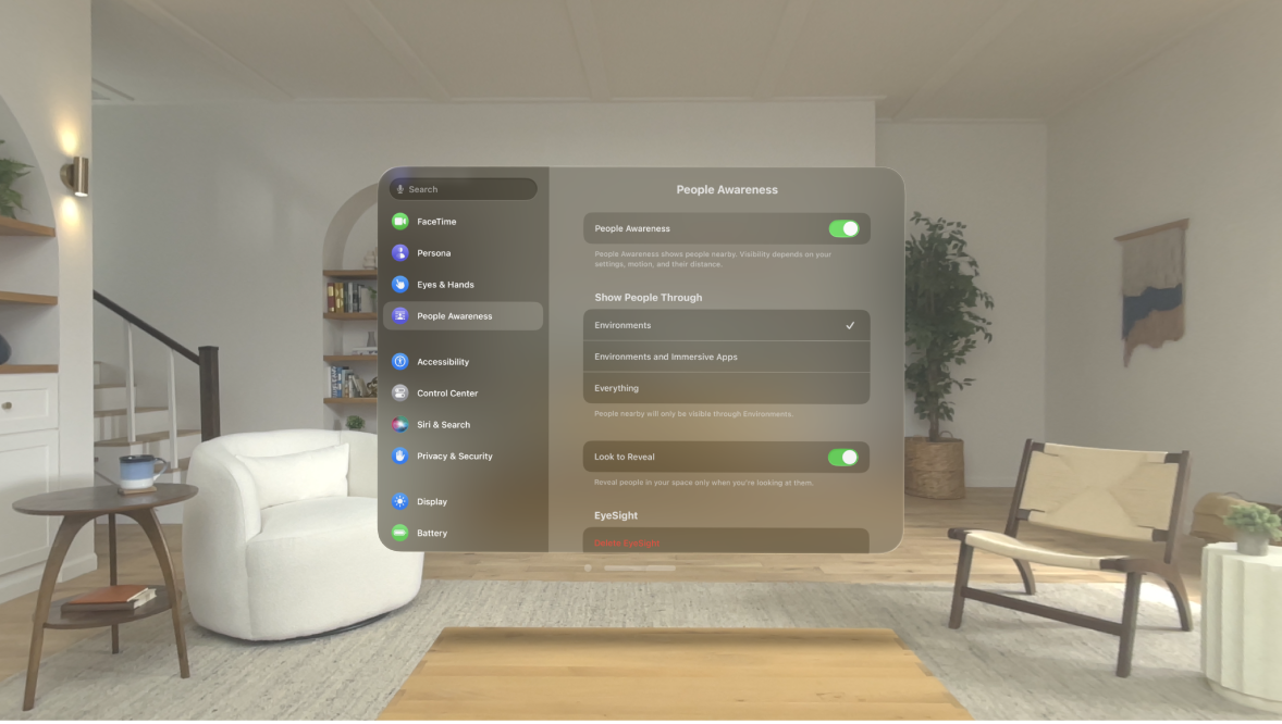 People Awareness settings on Apple Vision Pro, where you can turn People Awareness on or off, change when people are shown, turn Look to Reveal on or off, and delete your personalized EyeSight.