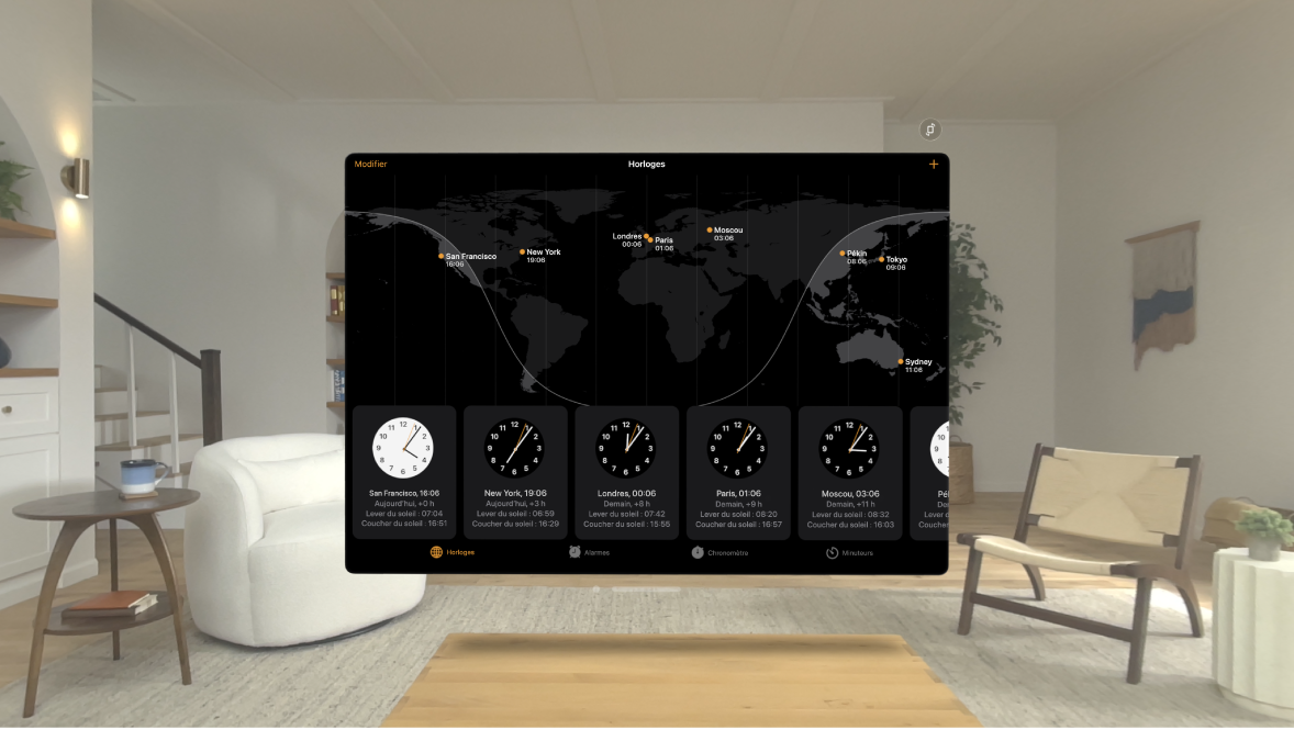 L’app Horloge sur l’Apple Vision Pro qui montre l’horloge mondiale.