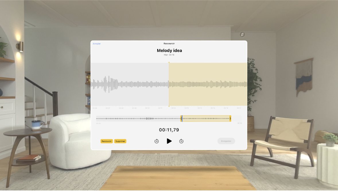 L’app Dictaphone sur l’Apple Vision Pro, affichant la fin d’un enregistrement en train d’être coupé.