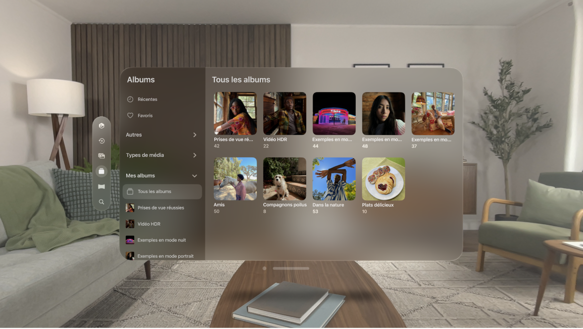 L’application Photos sur l’Apple Vision Pro, présentant différents albums et options, tels que Types de médias et Récents.