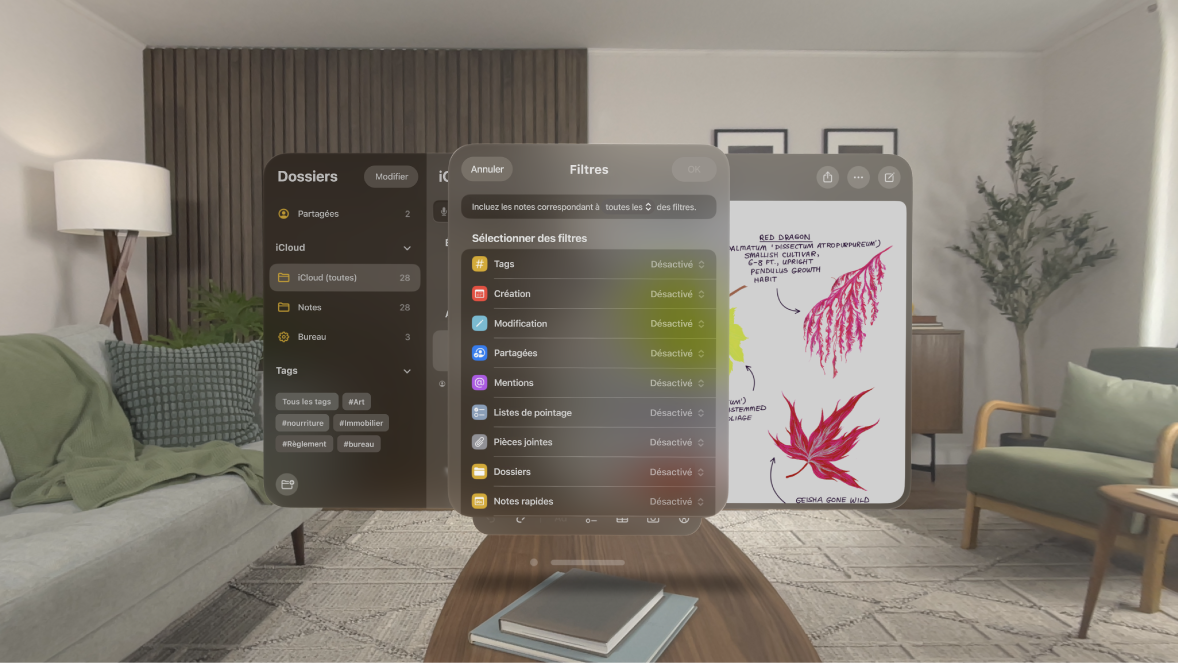 L’app Notes sur l’Apple Vision Pro, présentant des filtres pouvant être ajoutés à un dossier.