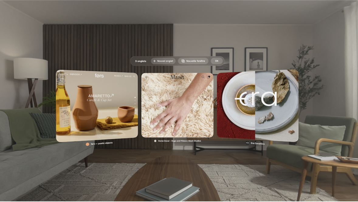 L’app Safari sur l’Apple Vision Pro, avec des onglets ajustés autour de la vue de l’utilisateur.