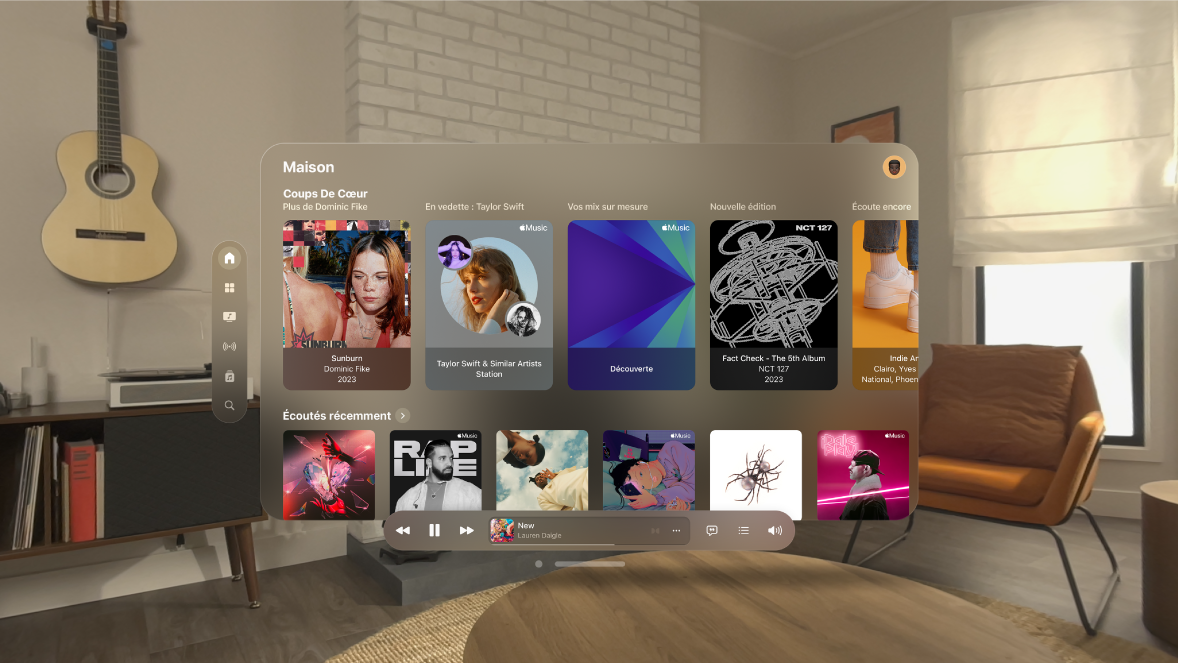 L’app Musique sur l’Apple Vision Pro, affichant l’onglet Accueil.