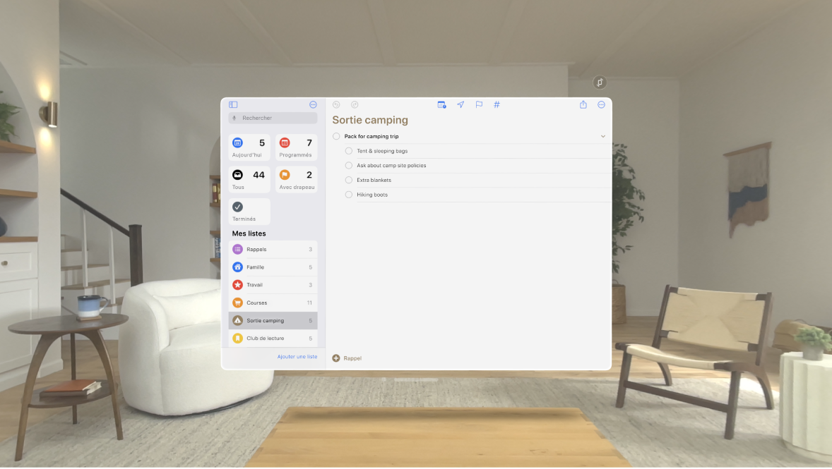 L’app Rappels sur l’Apple Vision Pro, affichant une liste de rappels décochés.