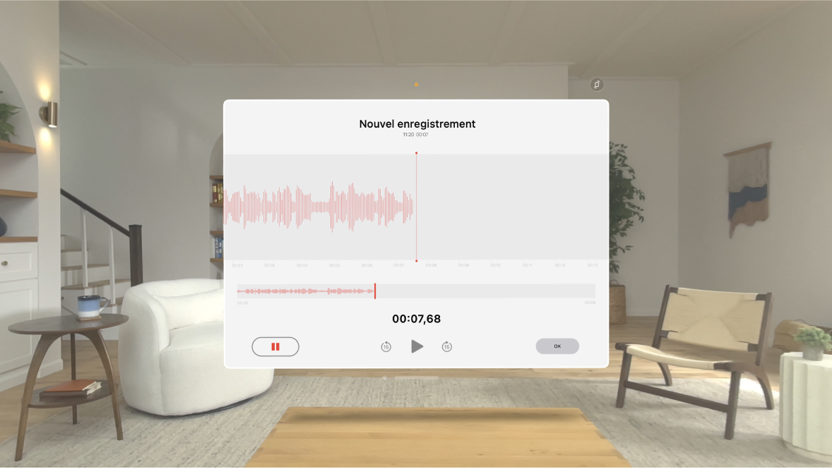 App Dictaphone sur l’Apple Vision Pro, montrant un écran d’enregistrement.