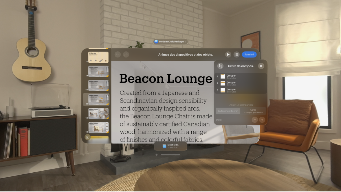 L’app Keynote sur l’Apple Vision Pro, affichant les réglages d’ordre de composition pour la diapositive actuelle.