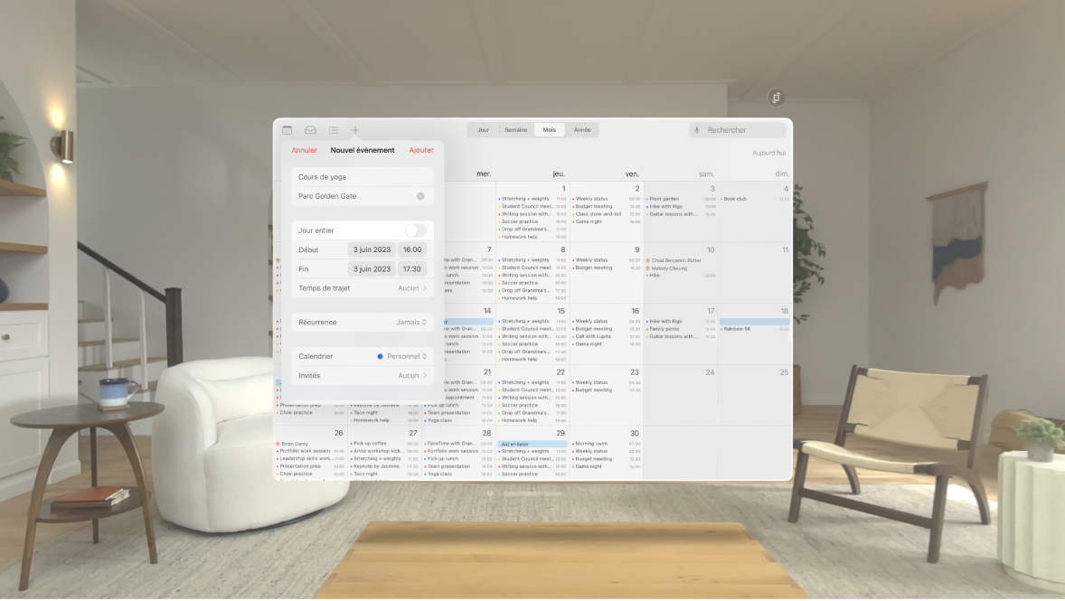 L’app Calendrier sur l’Apple Vision Pro, affichant un nouvel évènement en cours de création.