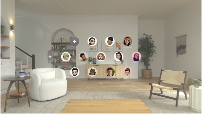 Apple Vision Pro 上的“用户视图”，显示联系人列表和开始 FaceTime 通话的选项。