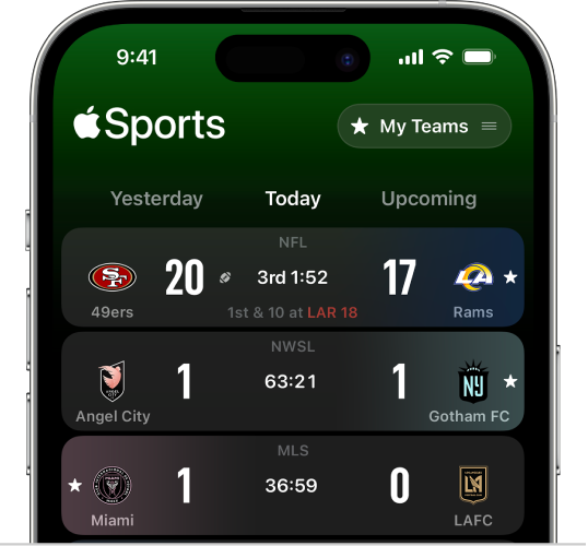 Pantalla de puntuación de la app Apple Sports