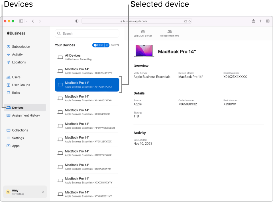 The Apple Business Essentials window, with Devices selected in the sidebar. A selected device opens to information about that device.