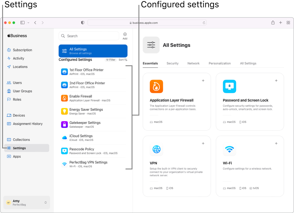 The Apple Business Essentials window, with Settings selected in the sidebar. Specific configured settings are shown.