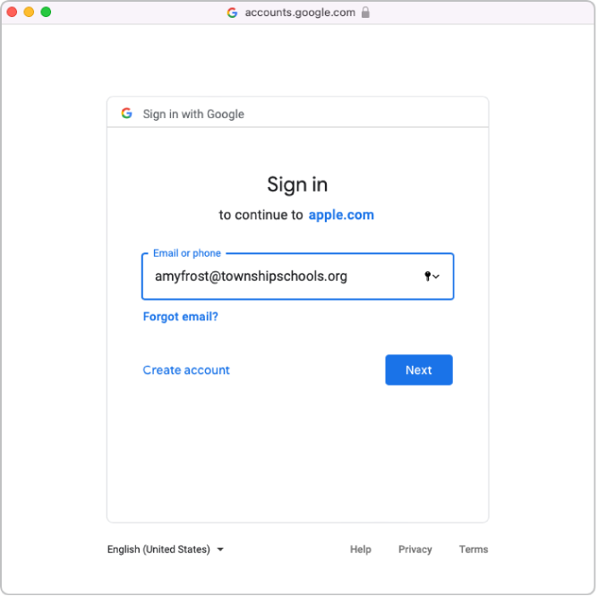 Το παράθυρο σύνδεσης στο Google Workspace στο επάνω μέρος του παραθύρου του Apple School Manager.