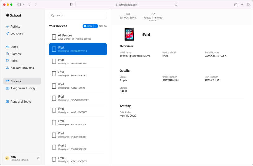 The Apple School Manager mobile device management (MDM) server showing devices and their assignments.