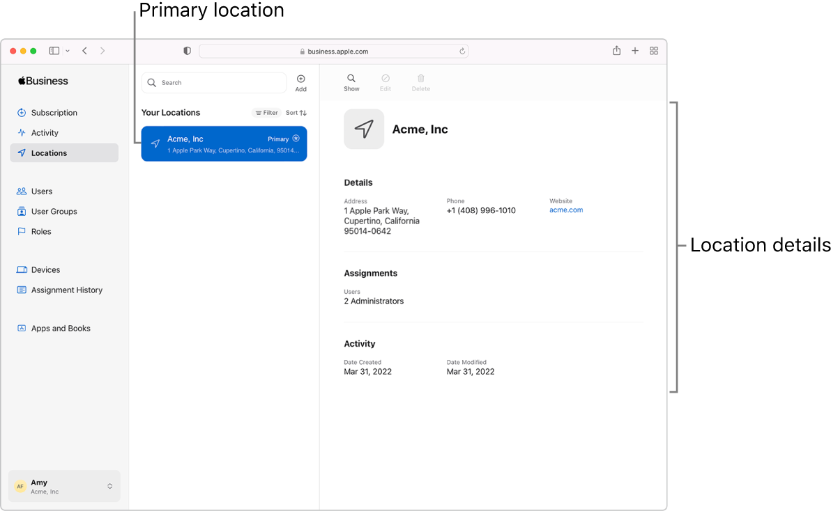 Das Fenster „Standorte“ in Apple Business Manager; Standortoptionen und -informationen für eine ausgewählte Organisation werden angezeigt.