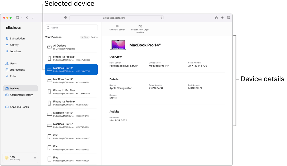 Fenêtre Apple Business Manager avec Appareils sélectionné dans la barre latérale. Sélectionner un appareil permet d’afficher des informations à son sujet.
