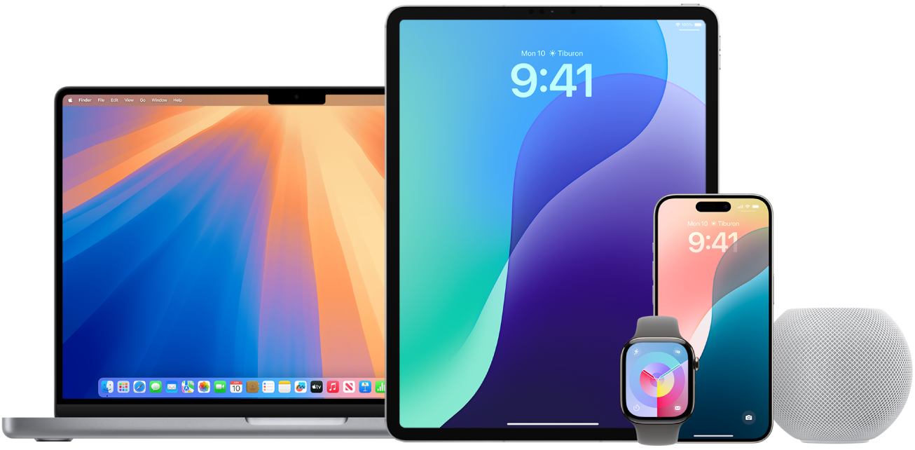 A MacBook, iPad, iPhone, Apple Watch, and HomePod.