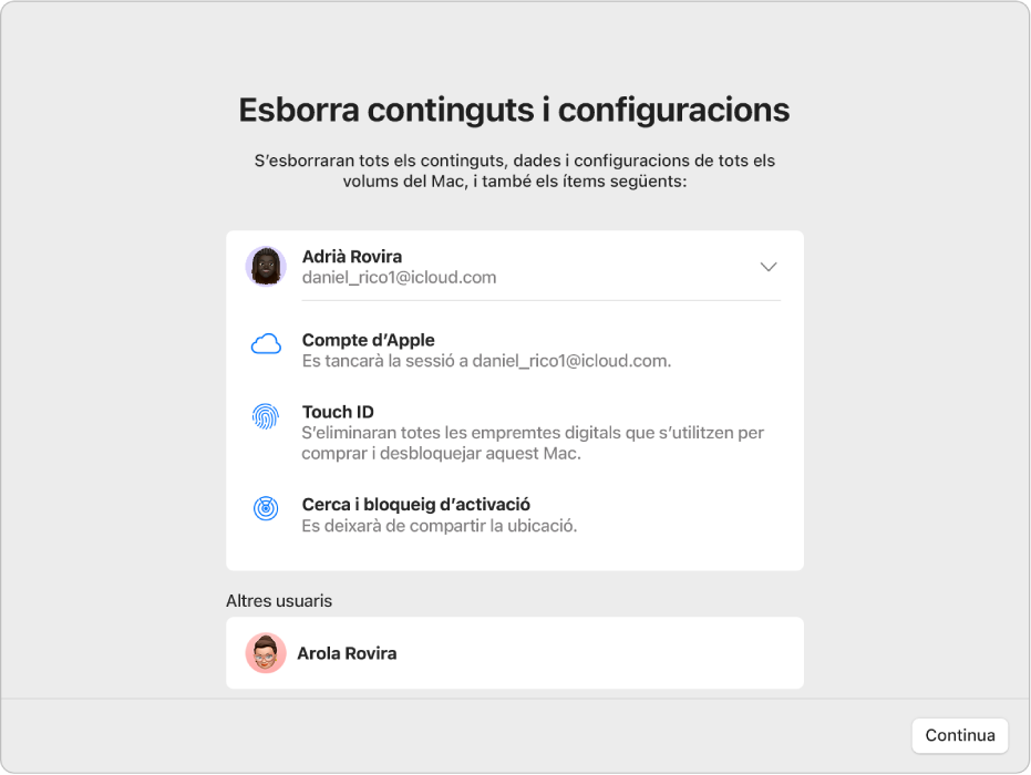 La finestra d’un Mac amb l’assistent per esborrar tots els continguts i configuracions.