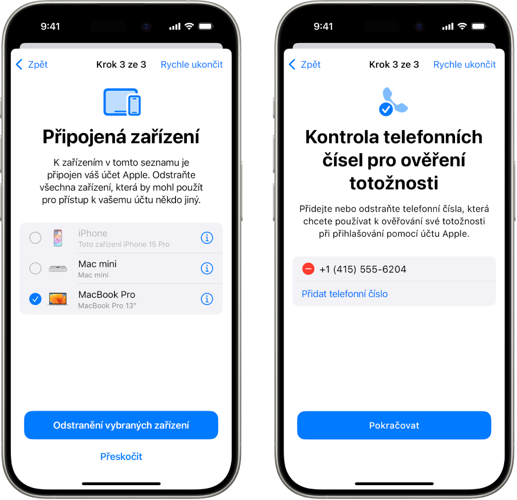Displeje dvou iPhonů zobrazující (1) vybrané zařízení, které má být odstraněno z důvěryhodných zařízení, a (2) obrazovku pro úpravy důvěryhodných telefonních čísel