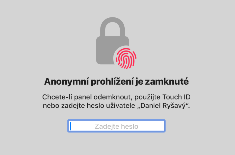 Obrazovka anonymního prohlížení s informací o tom, že je zamknutá