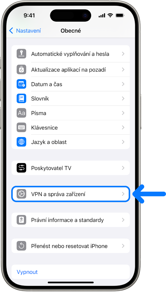 Displej iPhonu s vybranou volbou VPN a správa zařízení