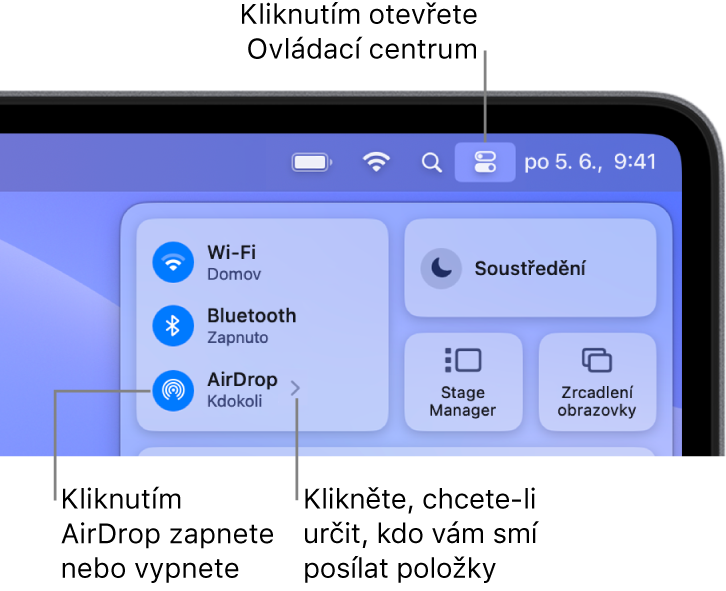 Použití AirDropu v Ovládacím centru