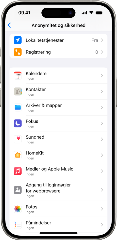 En iPhone, der viser skærmen Anonymitet & sikkerhed i Indstillinger