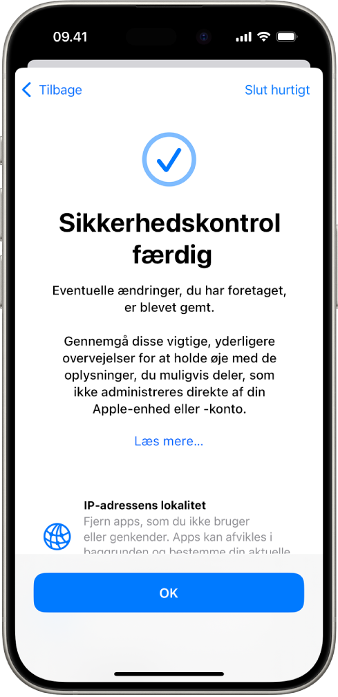 En skærm til Sikkerhedskontrol, der viser, at sikkerhedskontrollen er gennemført.