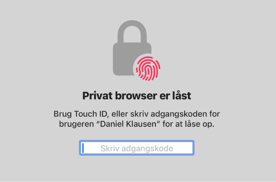 En skærm i Privat browser, der viser, at den er låst.