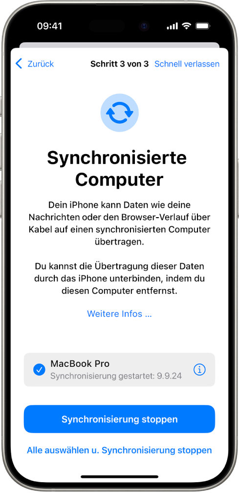 Ein iPhone mit dem Bildschirm „Synchronisierte Computer“.