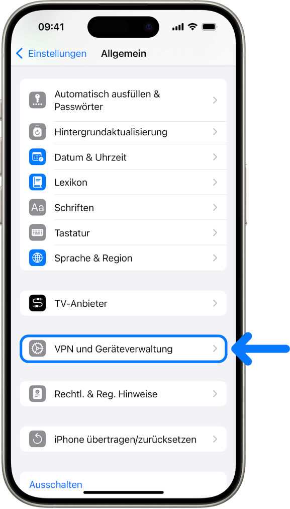 Ein iPhone-Bildschirm mit der ausgewählten Option „VPN und Geräteverwaltung“.