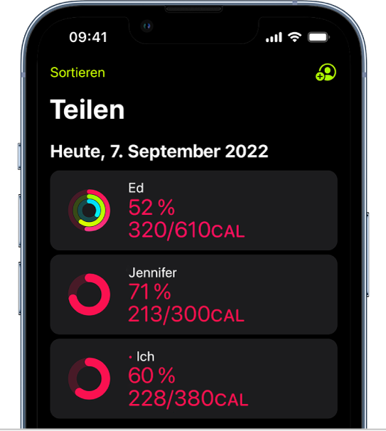 iPhone-Bildschirm mit Aktivitätsdaten, die mit zwei weiteren Personen geteilt werden