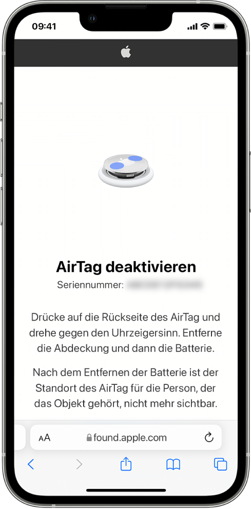 Ein iPhone-Bildschirm zeigt, wie ein AirTag deaktiviert werden kann.