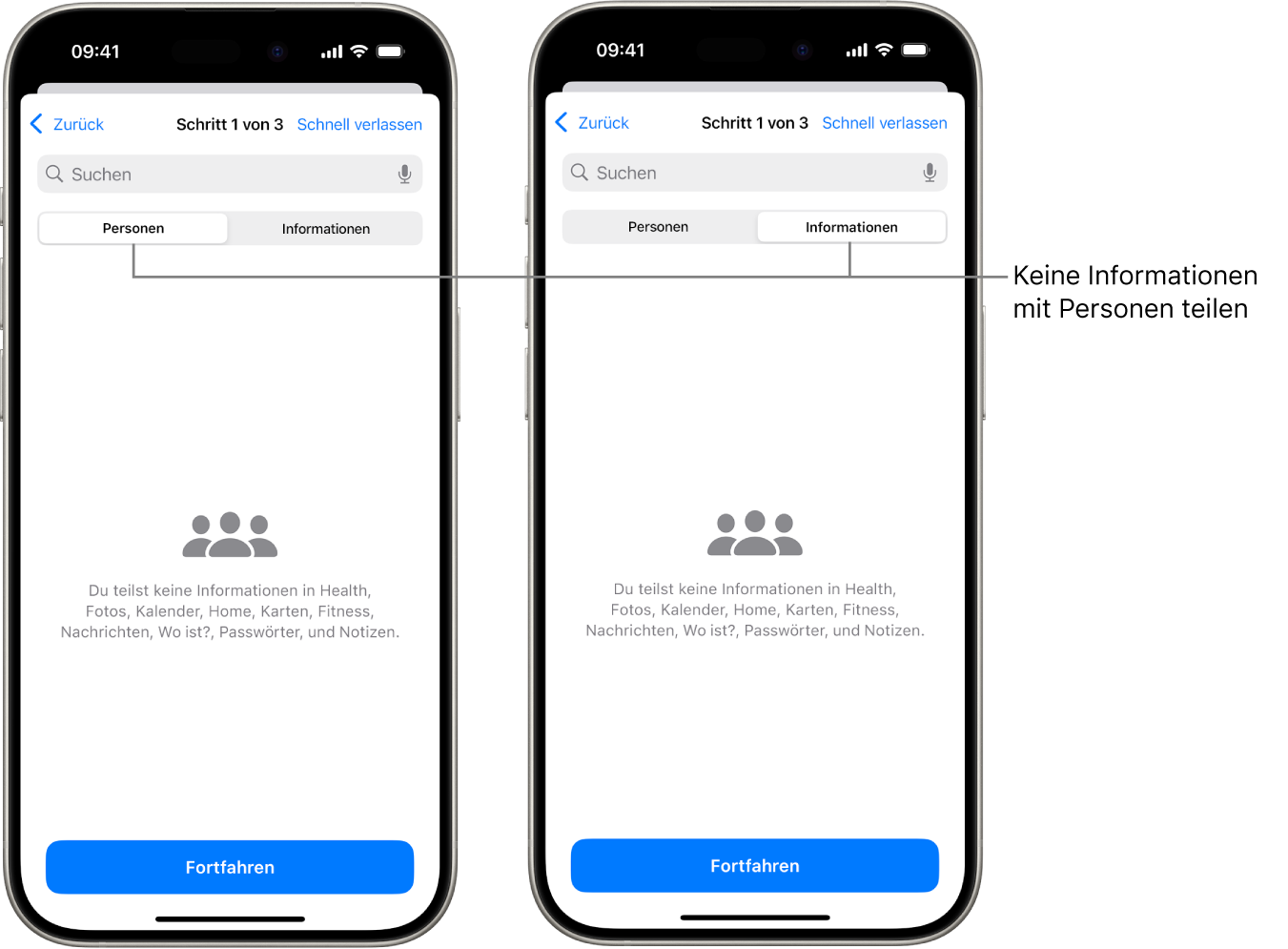 Ein Bildschirm zeigt, dass eine Person keine Informationen mit anderen Personen durch Auswählen des Tabs „Personen und Informationen“ teilt.
