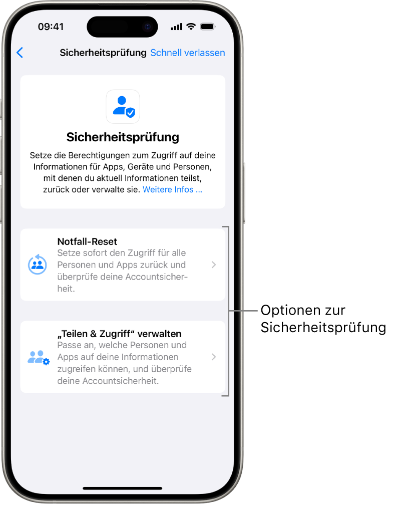 Ein Bildschirm zeigt die zwei Optionen, die mit der Sicherheitsprüfung verfügbar sind: „Notfall-Reset“ und „,Teilen & Zugriff‘ verwalten“.