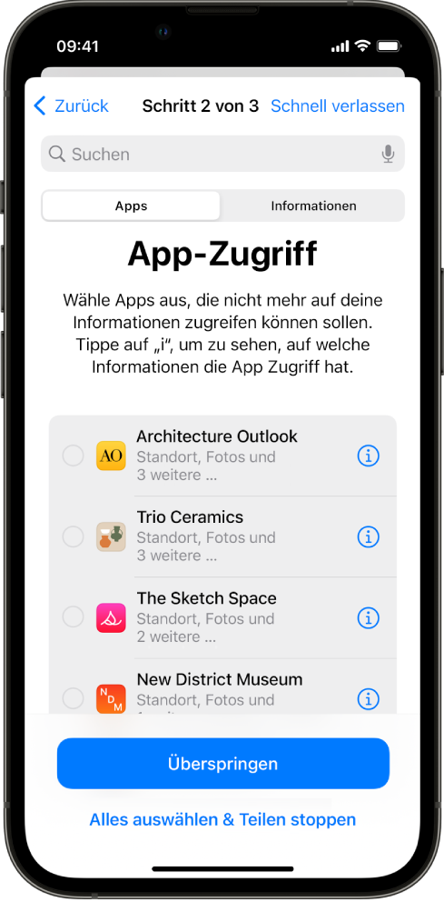 Ein Bildschirm der Sicherheitsprüfung zeigt Informationen, die mit bestimmten Apps geteilt werden.