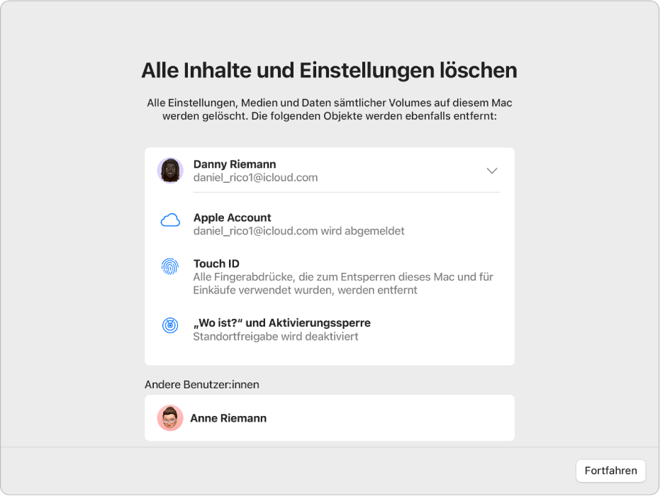 Ein Mac-Fenster zeigt den Assistenten für „Alle Inhalte & Einstellungen löschen“.