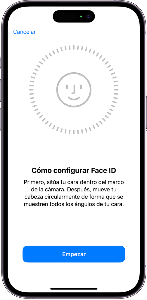 La pantalla de configuración de reconocimiento de Face ID. Se muestra una cara en la pantalla dentro de un círculo. El texto que está debajo le indica al usuario que mueva la cabeza lentamente para completar el círculo.