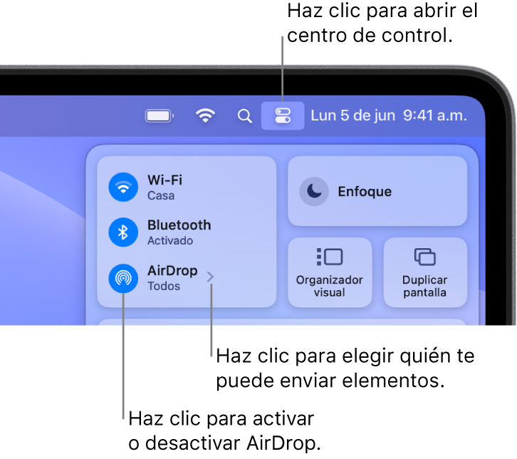 Uso de AirDrop desde el centro de control.