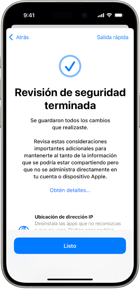 Pantalla de la revisión de seguridad mostrando que se completó la revisión.