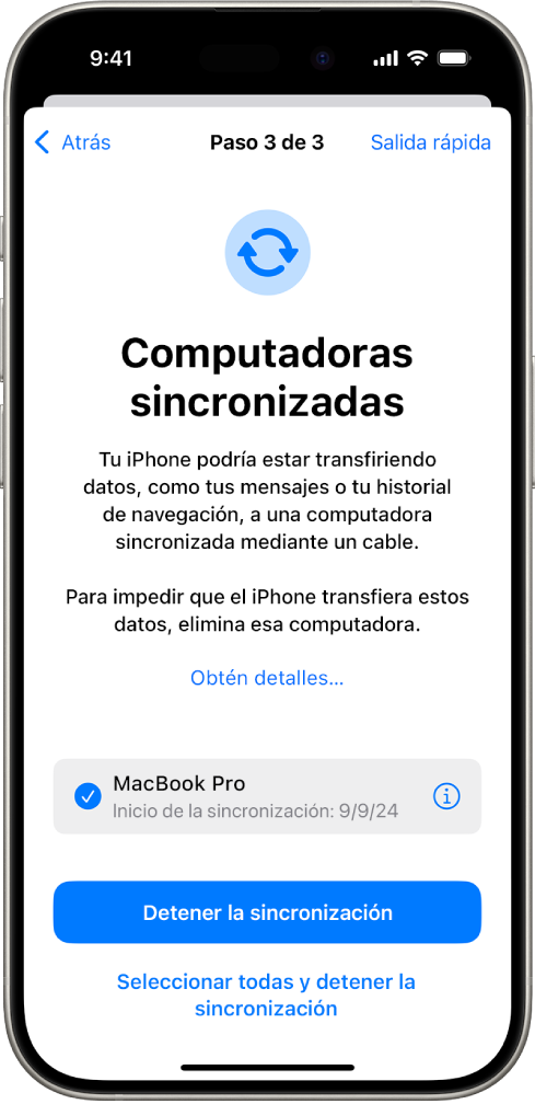 La pantalla de un iPhone mostrando la pantalla Computadoras sincronizadas.